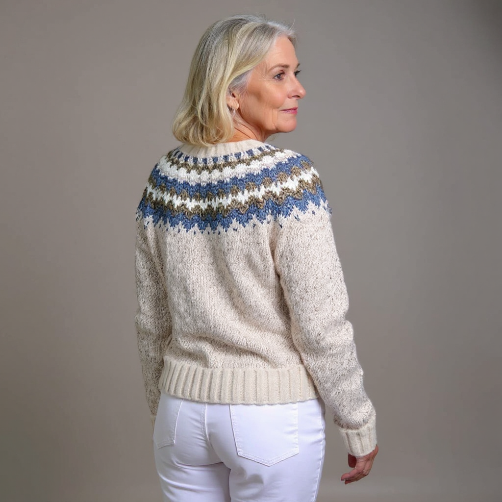 Women's Fair Isle knit cardigan with blue patterned yoke and button front