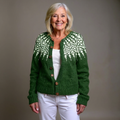 Women's green cardigan with cream Nordic pattern, long sleeves and brown buttons