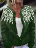 Women's green cardigan with cream Nordic pattern, long sleeves and brown buttons
