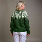 Women's green cardigan with cream Nordic pattern, long sleeves and brown buttons