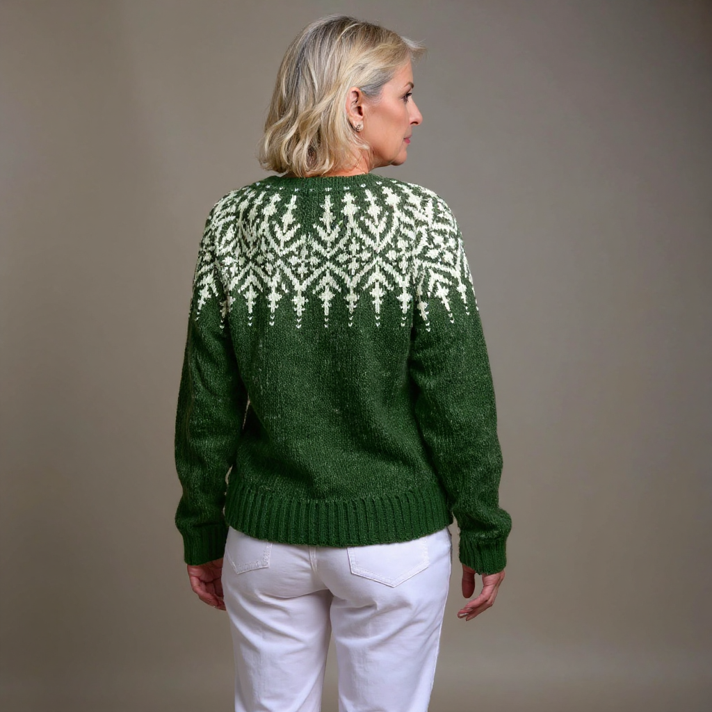 Women's green cardigan with cream Nordic pattern, long sleeves and brown buttons