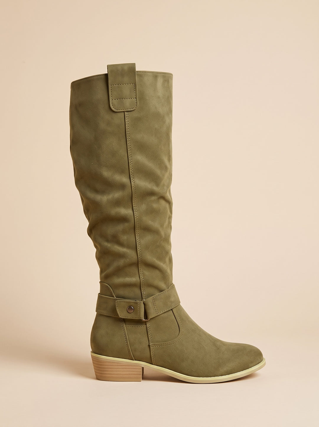 Women's Faux Suede Knee-High Slouch Boots in olive green