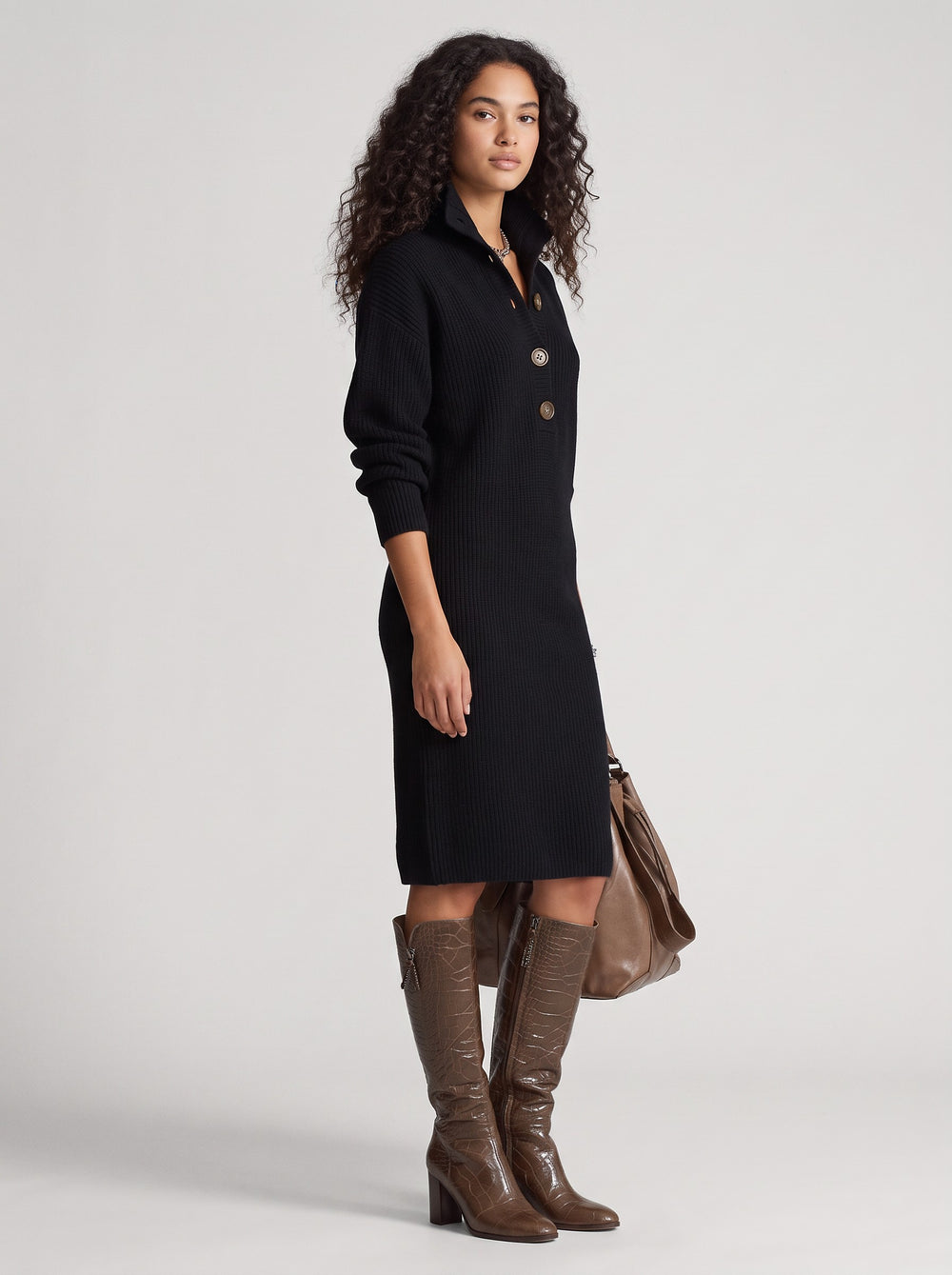 Women's Collared Knit Jumper Dress in black