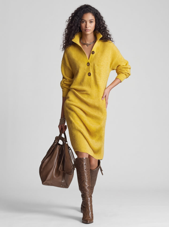 Women's Collared Knit Jumper Dress in yellow