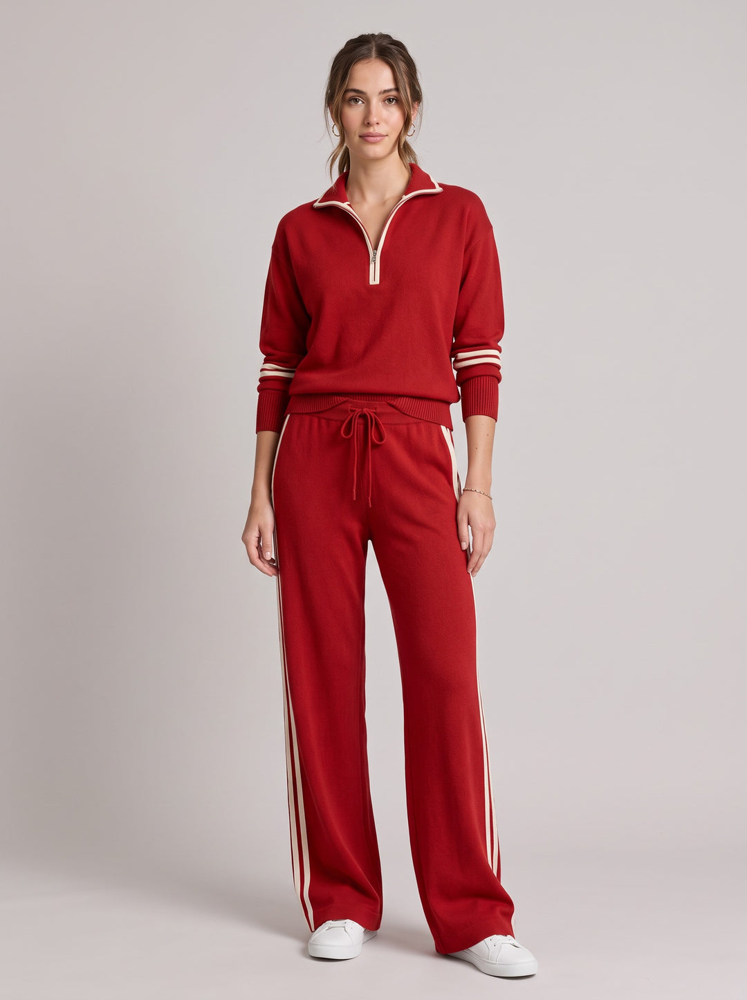 Women's Knitted Quarter-Zip Lounge Set in red