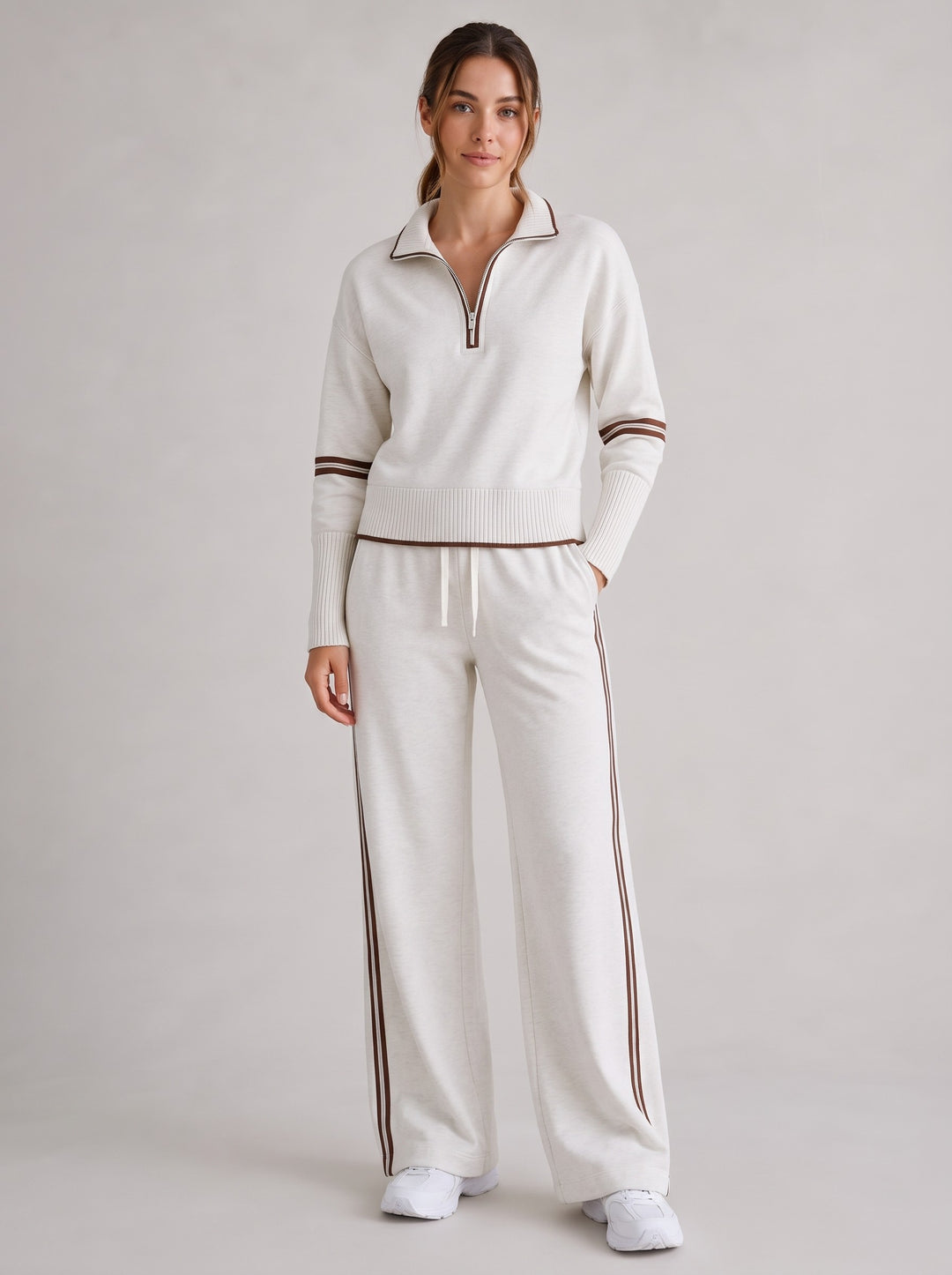 Women's Knitted Quarter-Zip Lounge Set in white