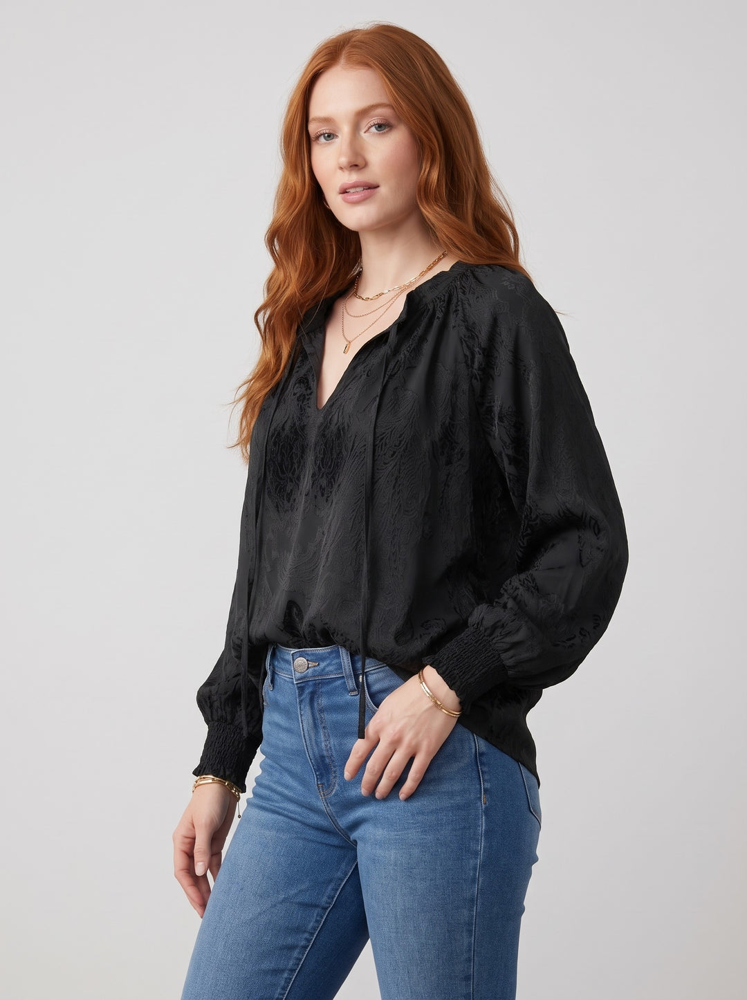 Women's Tie-Neck Lace Blouse in black