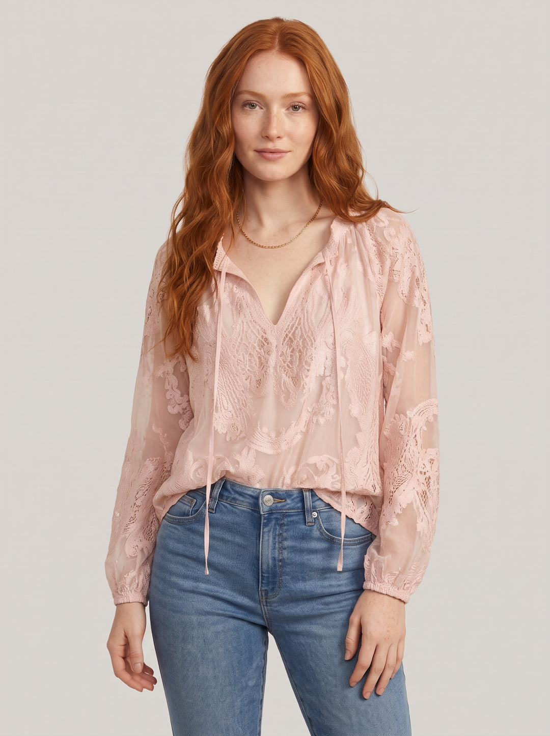Women's Tie-Neck Lace Blouse in blush
