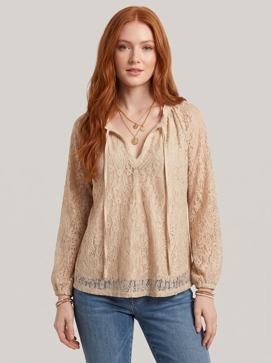 Women's Tie-Neck Lace Blouse in ecru