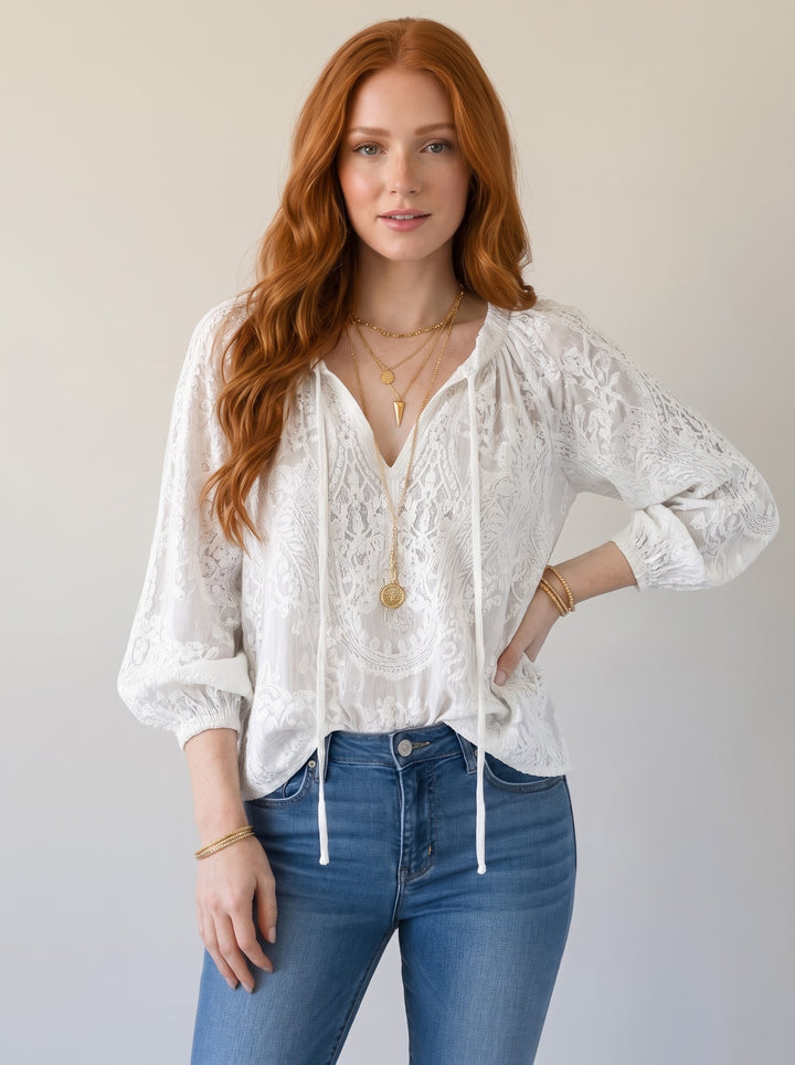 Women's Tie-Neck Lace Blouse in white