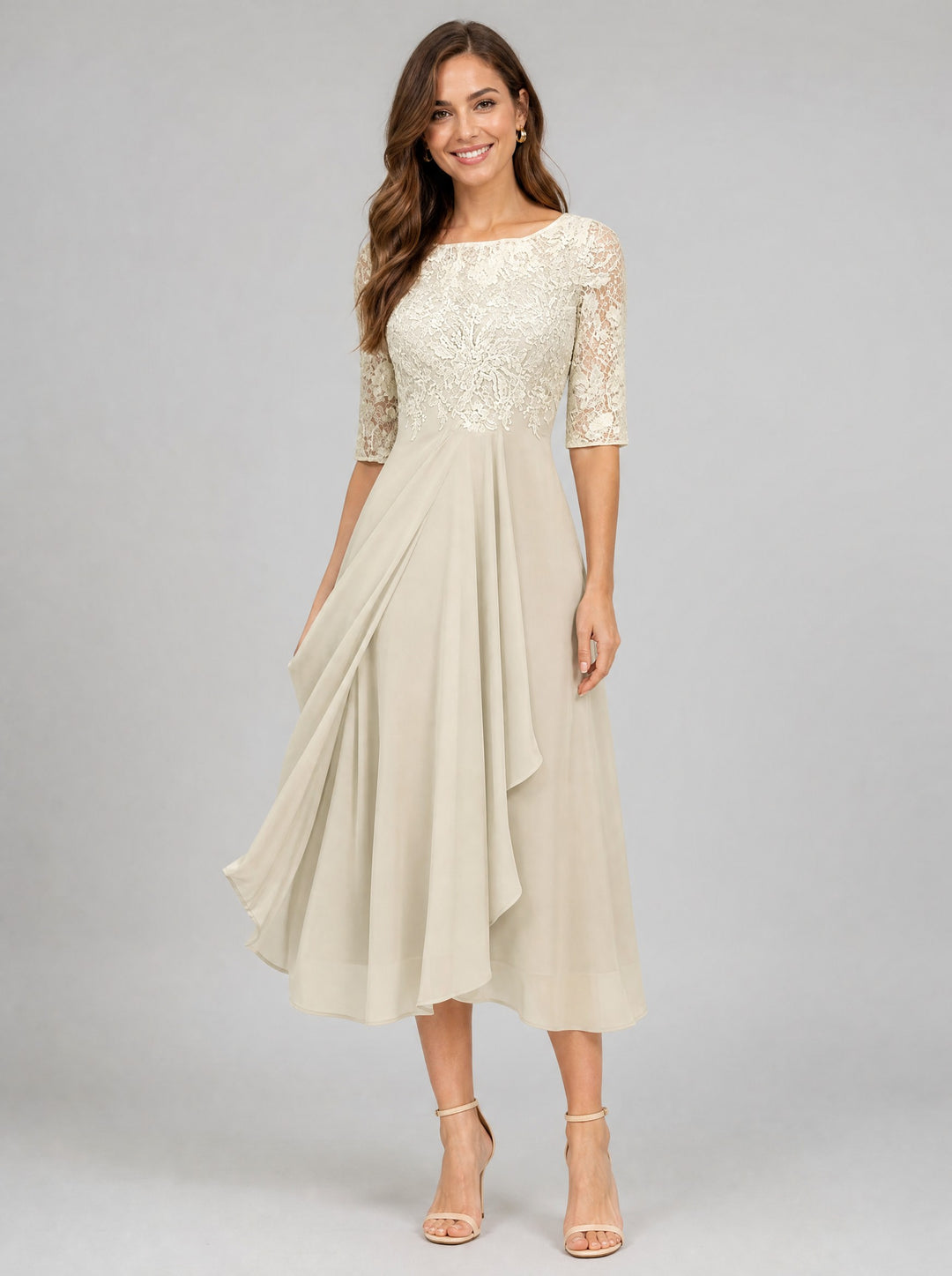 Women's Lace Bodice Midi Dress in cream