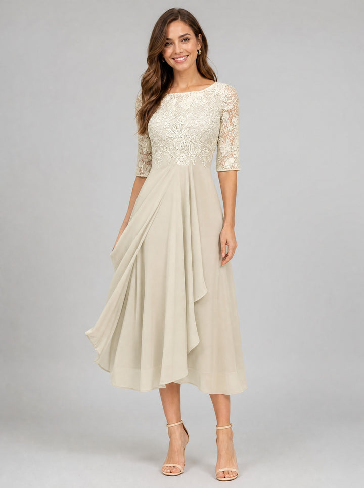 Women's Lace Bodice Midi Dress in cream