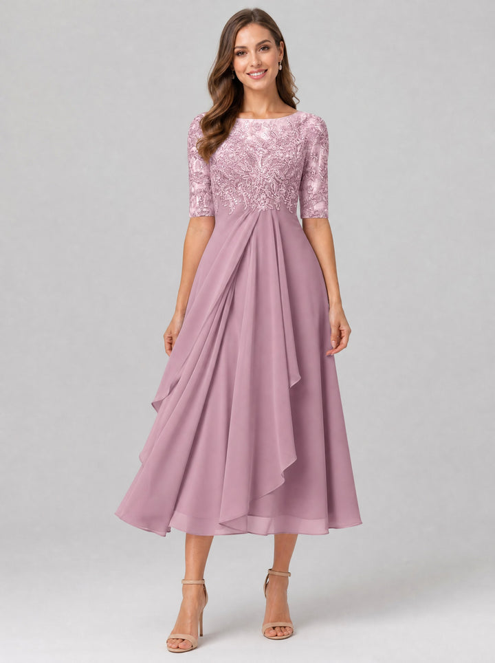 Women's Lace Bodice Midi Dress in pink
