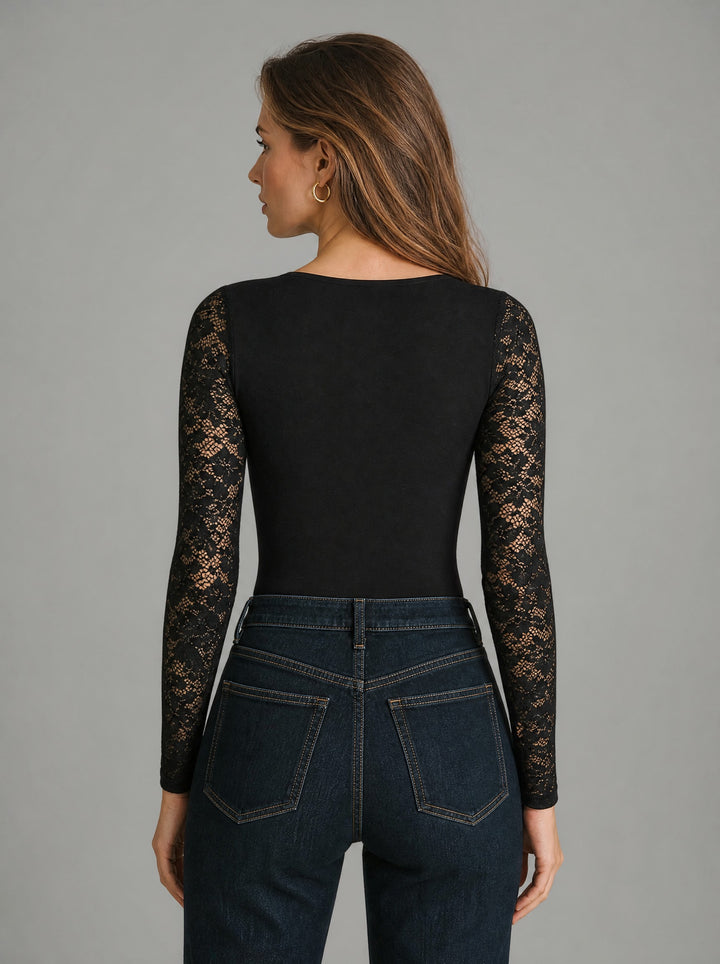 Women's Black Lace Sleeve Bodysuit in black