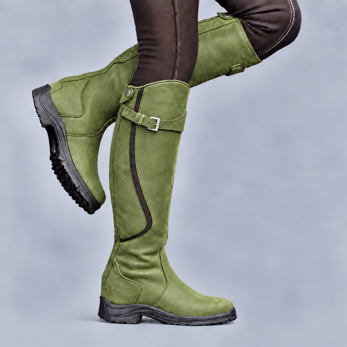 Women's tall riding boots with buckle strap, side zip and rugged tread sole