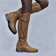 Women's tall riding boots with buckle strap, side zip and rugged tread sole