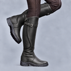 Women's tall riding boots with buckle strap, side zip and rugged tread sole