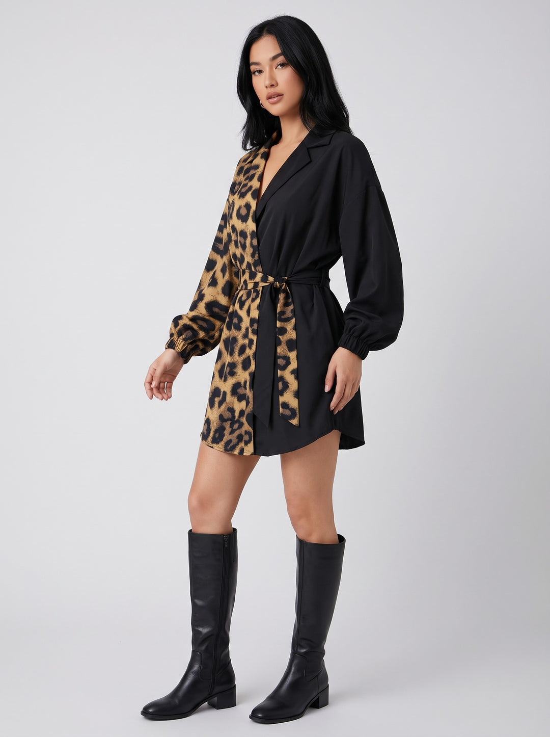 Women's Half Leopard Shirt Mini Dress in black leopard