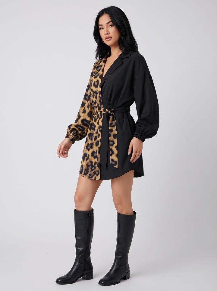 Women's Half Leopard Shirt Mini Dress in black leopard