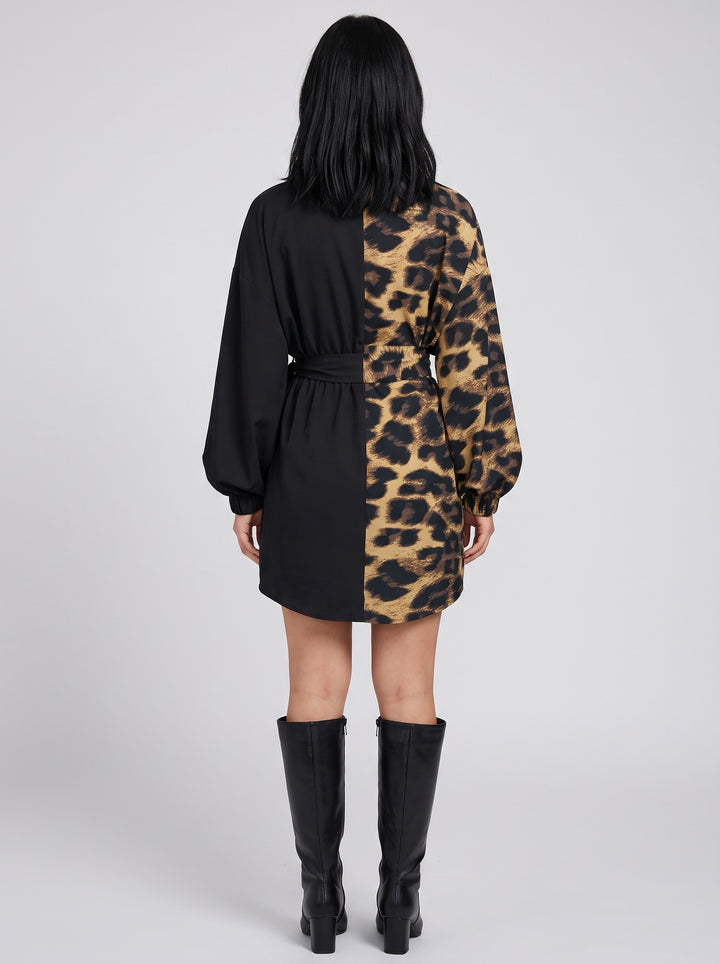 Women's Half Leopard Shirt Mini Dress in black leopard