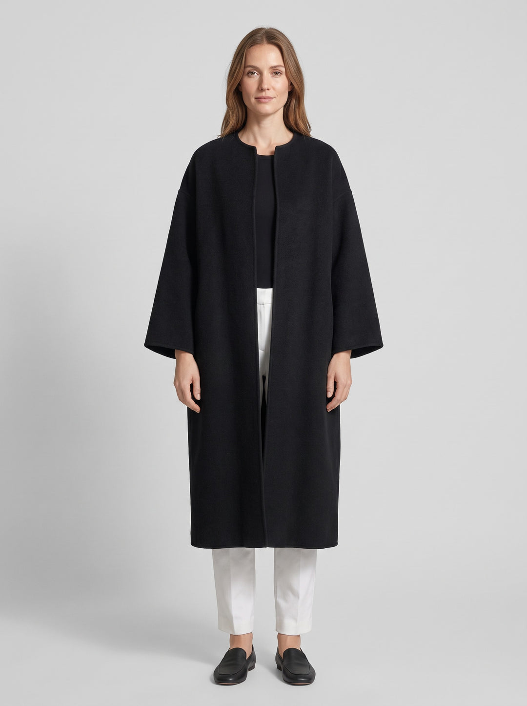 Women's Long Collarless Coat in black