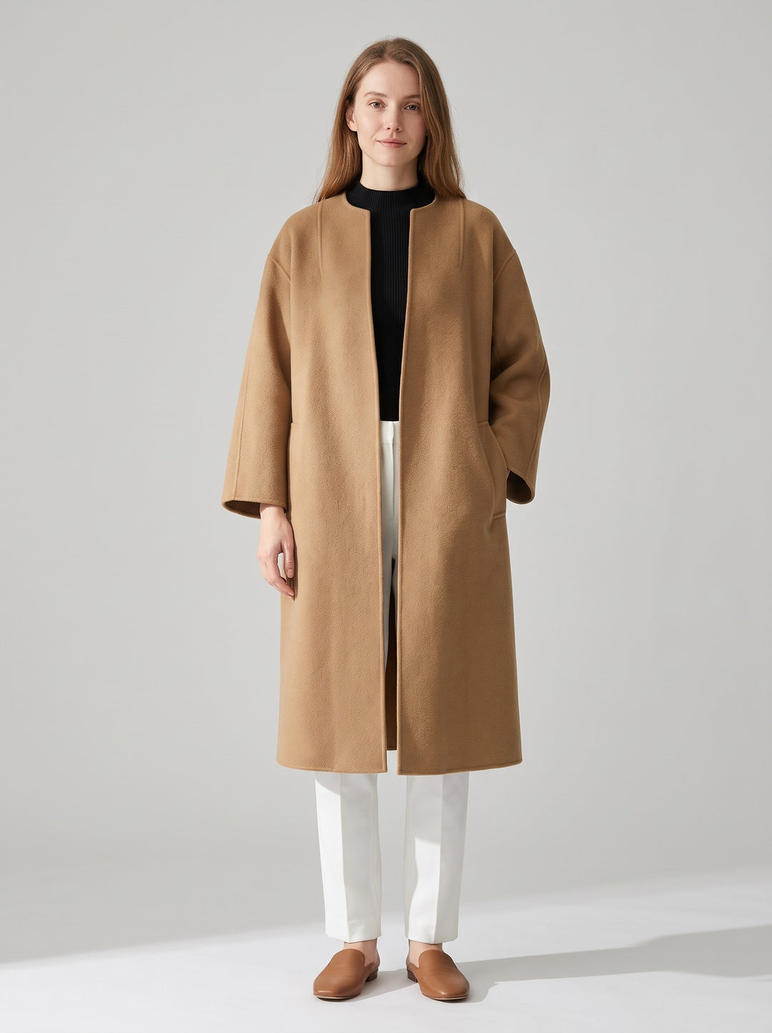 Women's Long Collarless Coat in camel