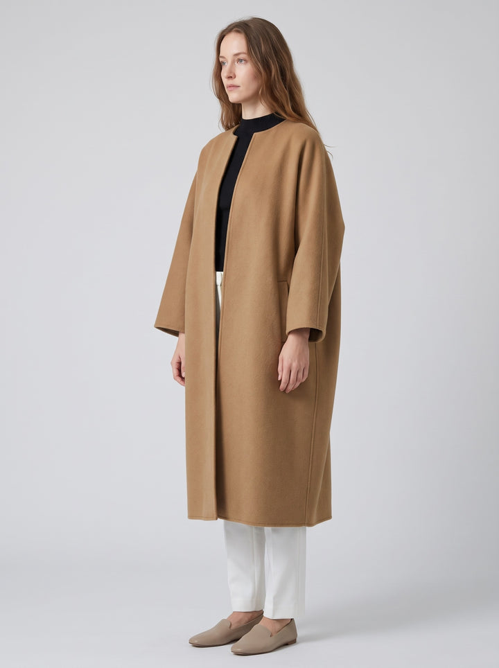Women's Long Collarless Coat in camel