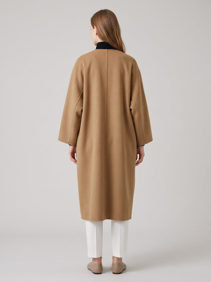 Women's Long Collarless Coat in camel