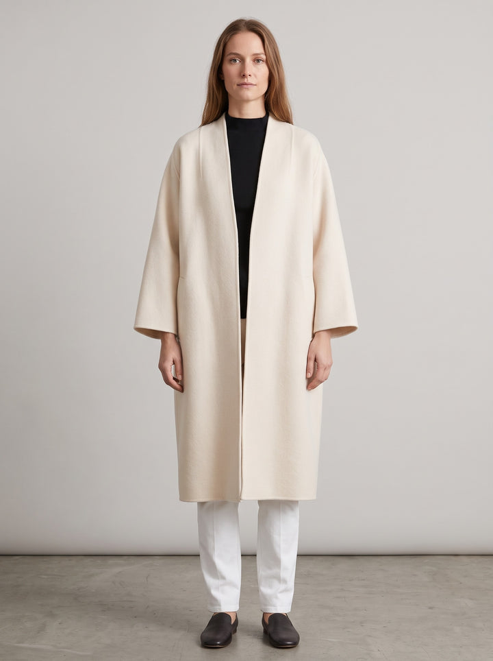 Women's Long Collarless Coat in cream