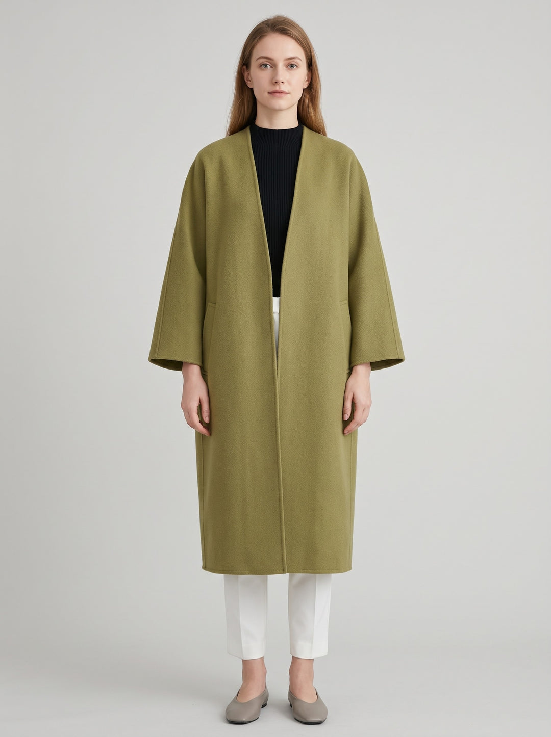 Women's Long Collarless Coat in green