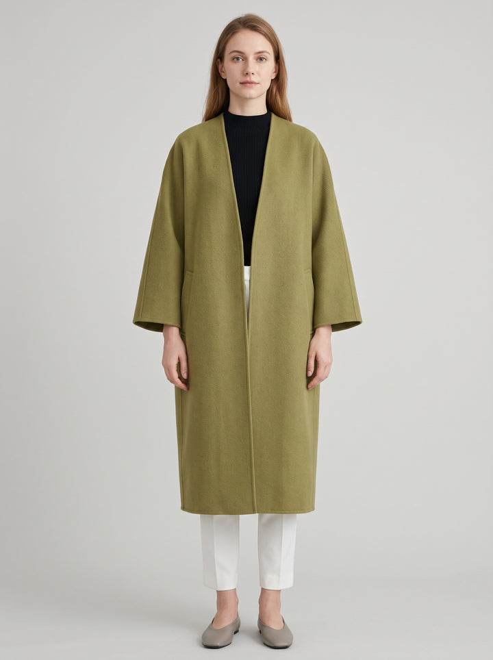 Women's Long Collarless Coat in green