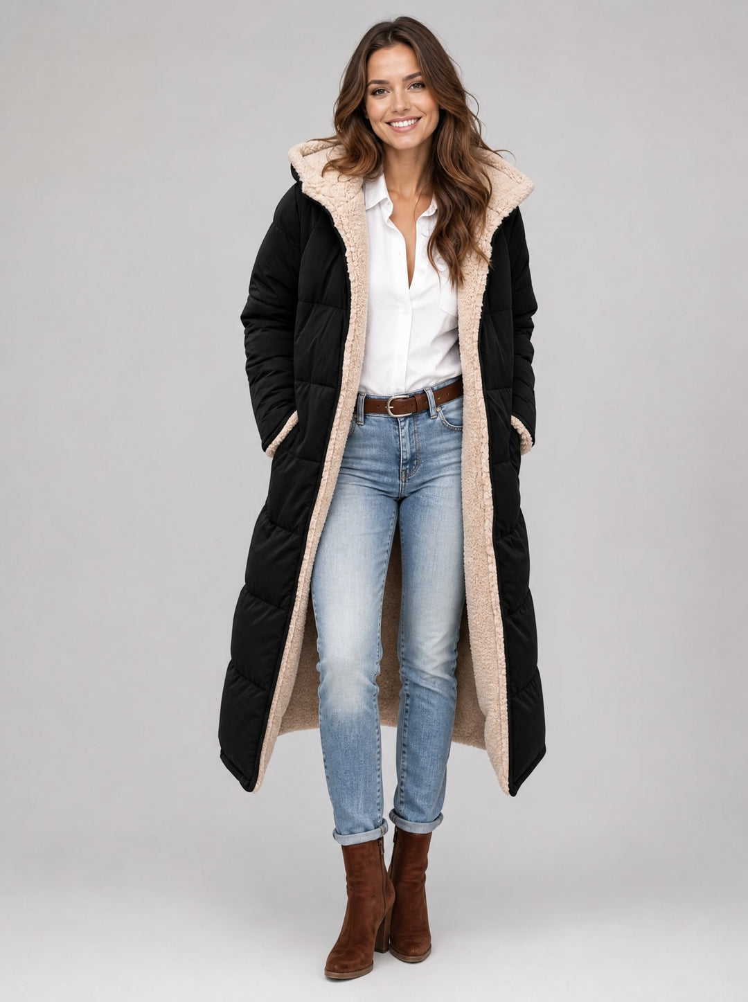 Women's Long Reversible Teddy Coat in black