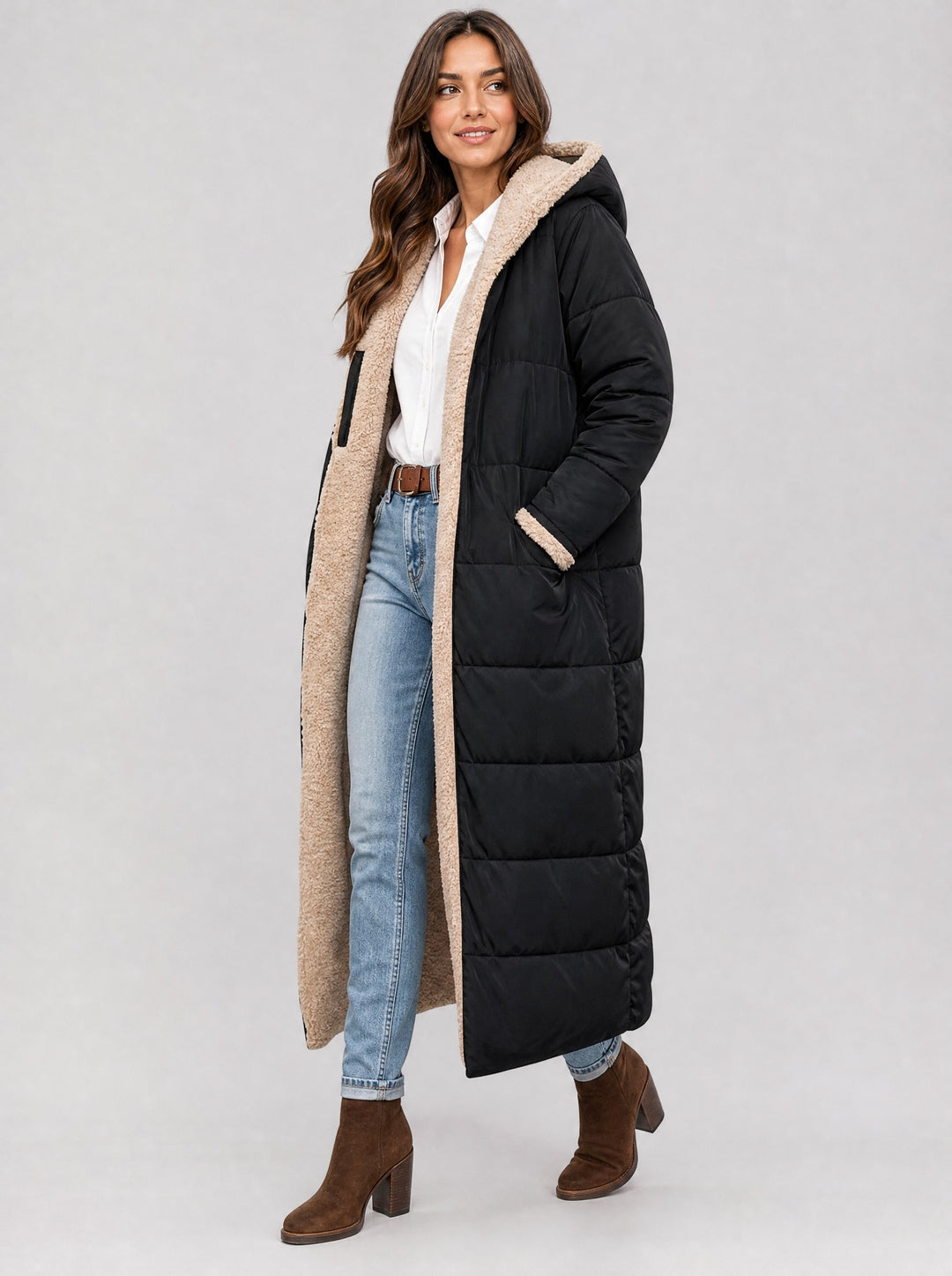 Women's Long Reversible Teddy Coat in black
