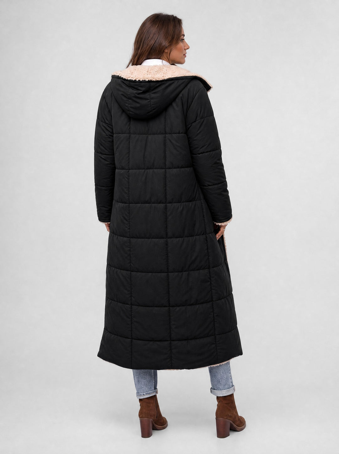 Women's Long Reversible Teddy Coat in black