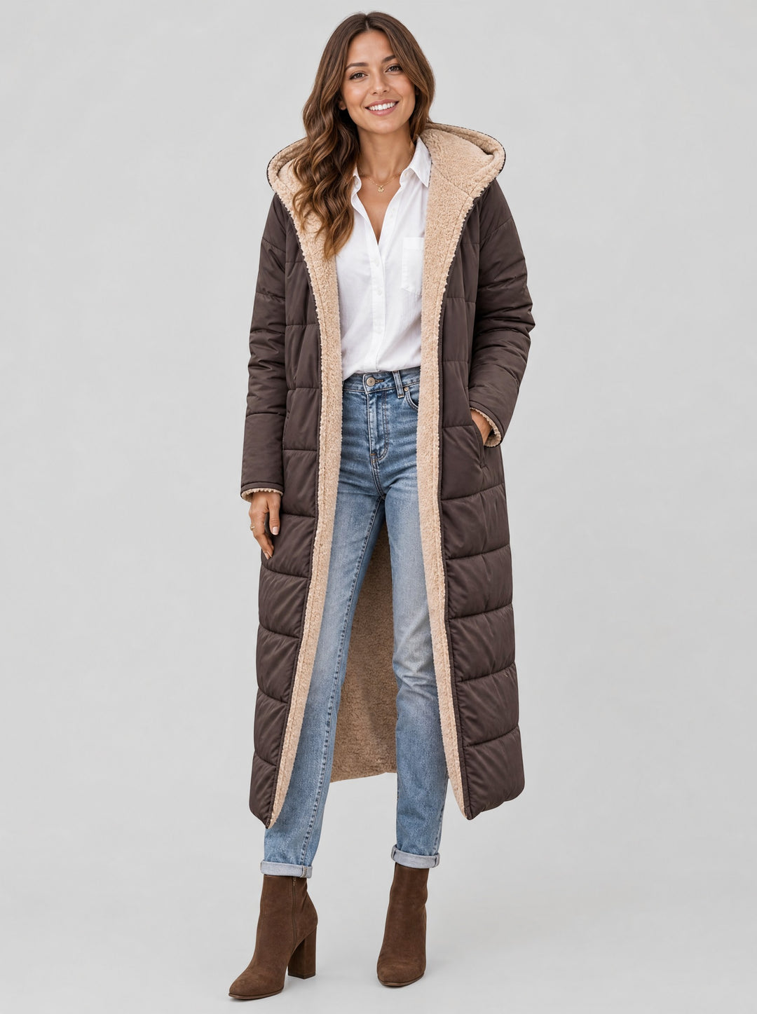 Women's Long Reversible Teddy Coat in brown