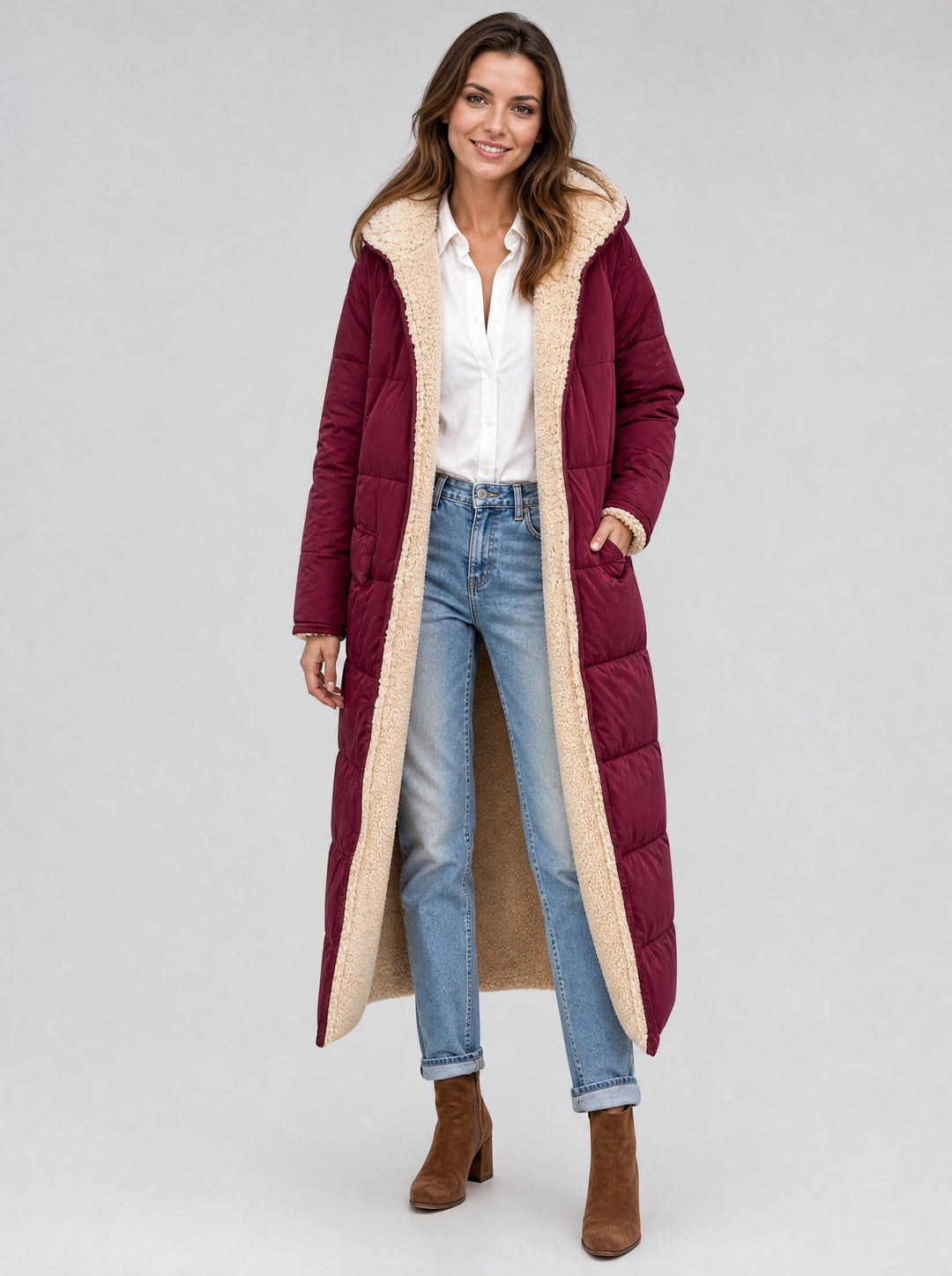 Women's Long Reversible Teddy Coat in wine red