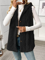 Women's long textured hooded vest with button front