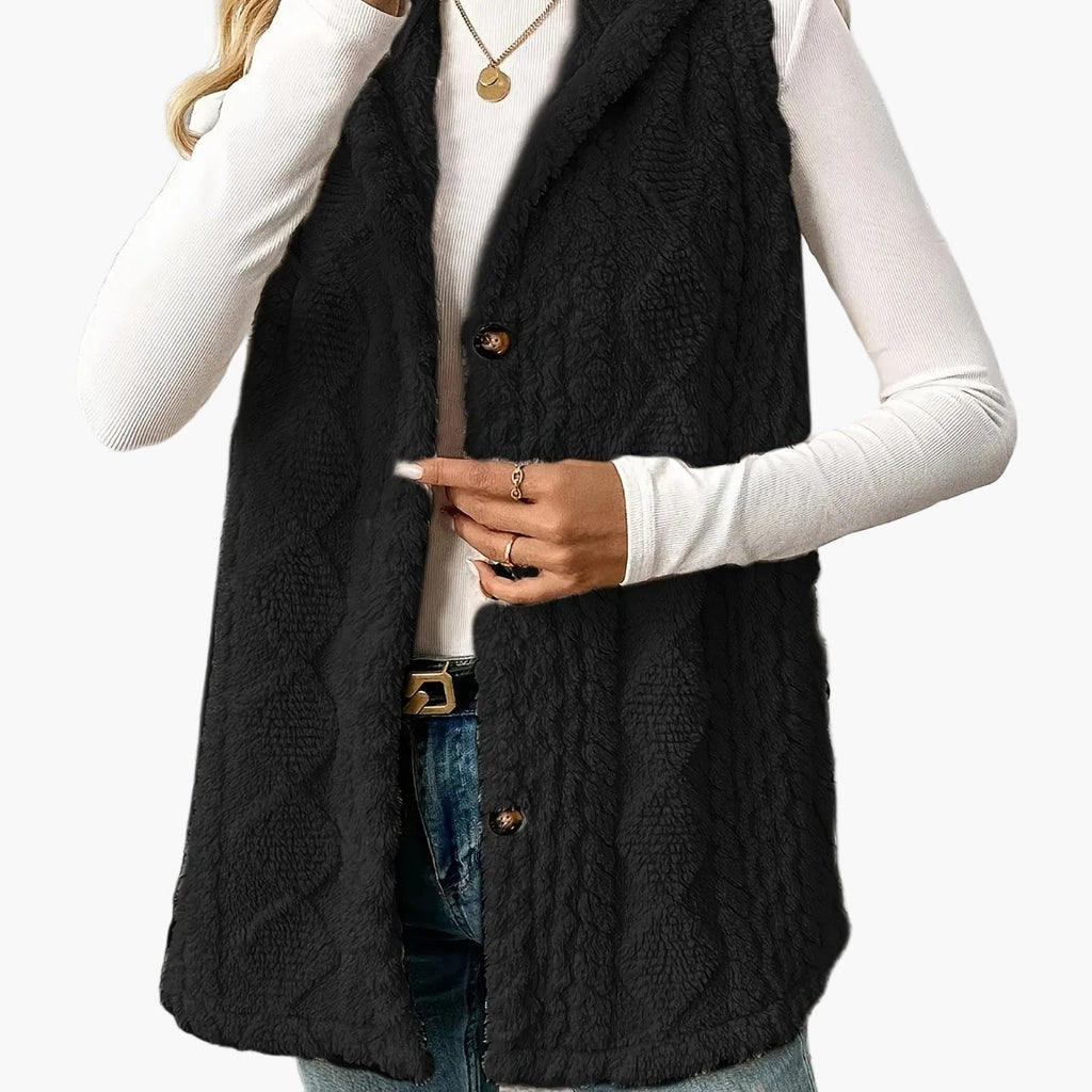Women's long textured hooded vest with button front