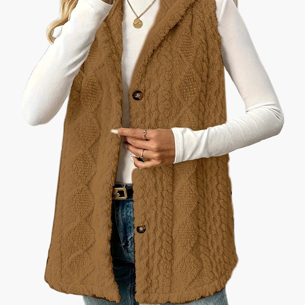 Women's long textured hooded vest with button front