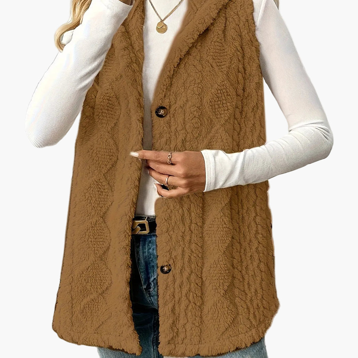 Women's long textured hooded vest with button front