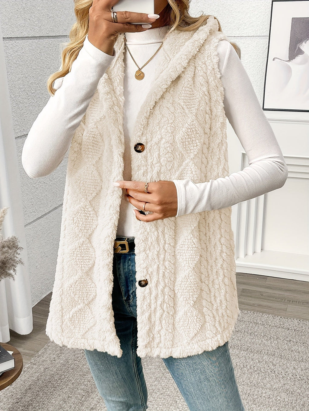 Women's long textured hooded vest with button front