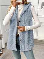 Women's long textured hooded vest with button front