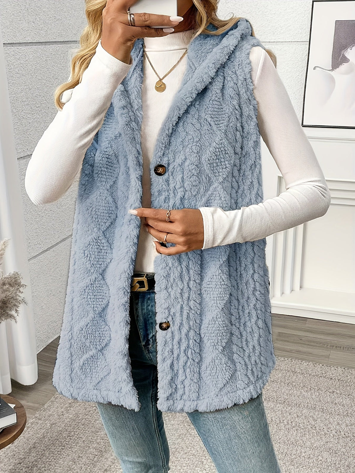 Women's long textured hooded vest with button front