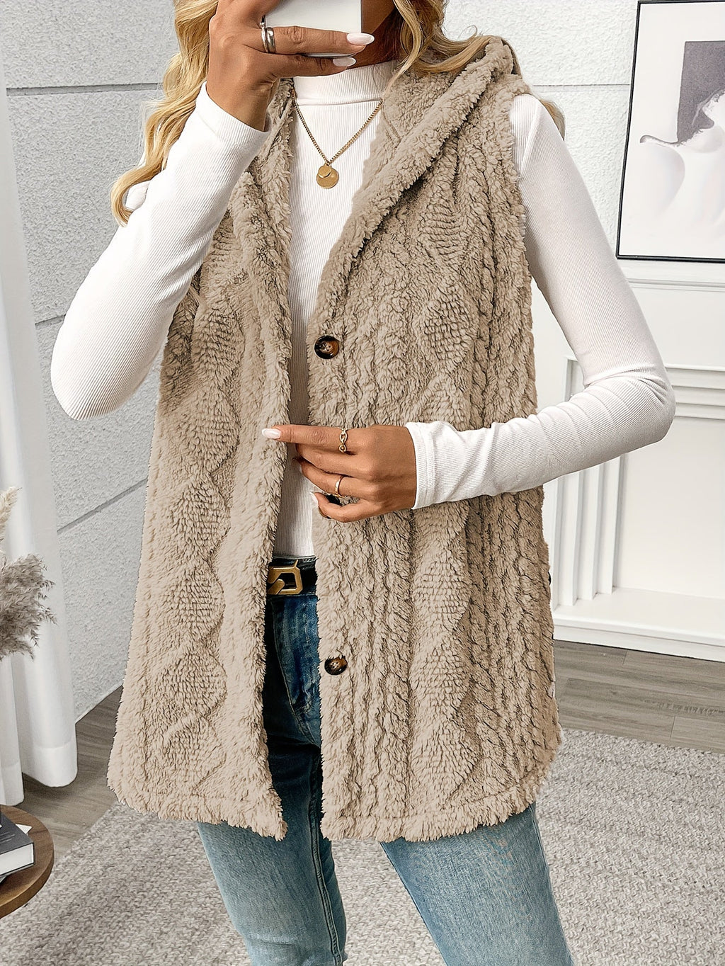 Women's long textured hooded vest with button front