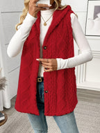 Women's long textured hooded vest with button front