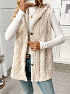 Women's long textured hooded vest with button front