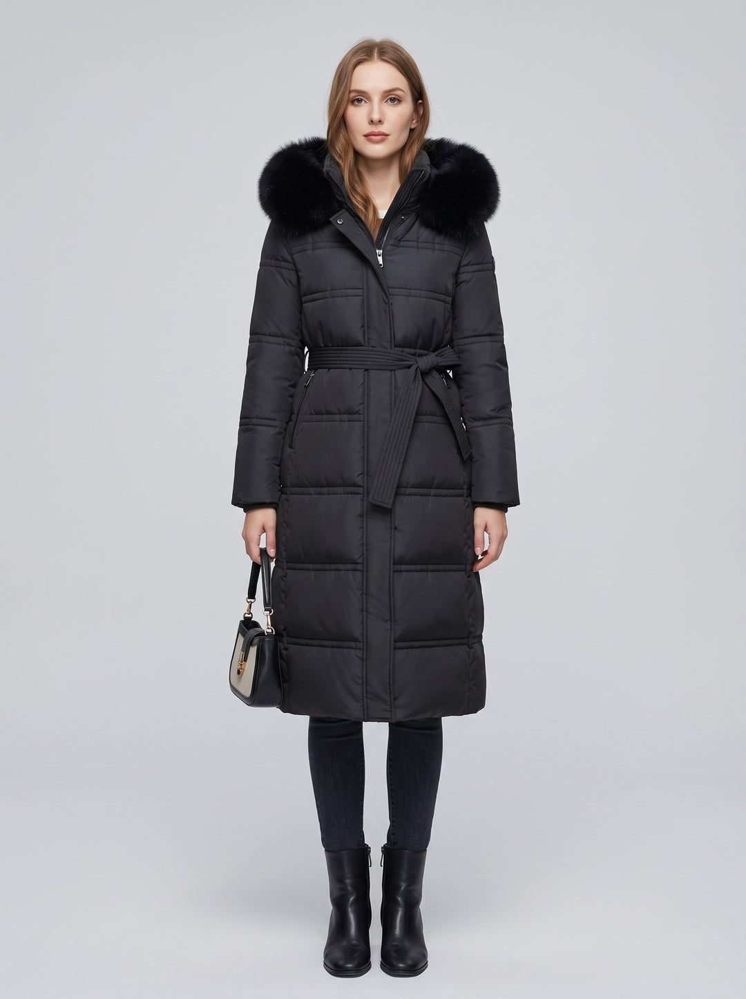 Women's Long Belted Parka with Faux Fur Hood in black