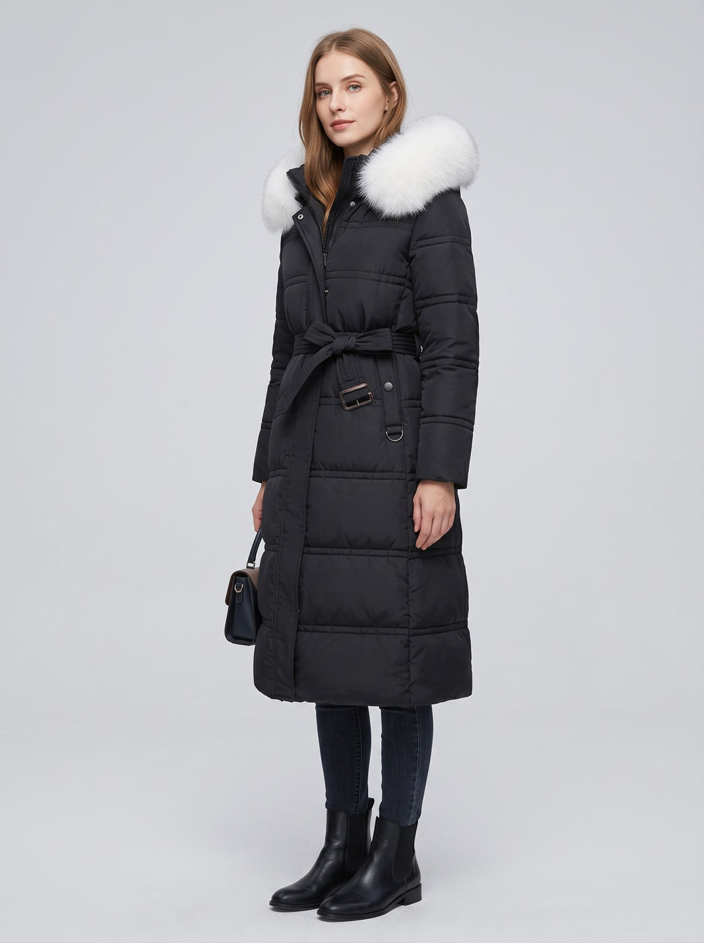 Women's Long Belted Parka with Faux Fur Hood in black with white fur