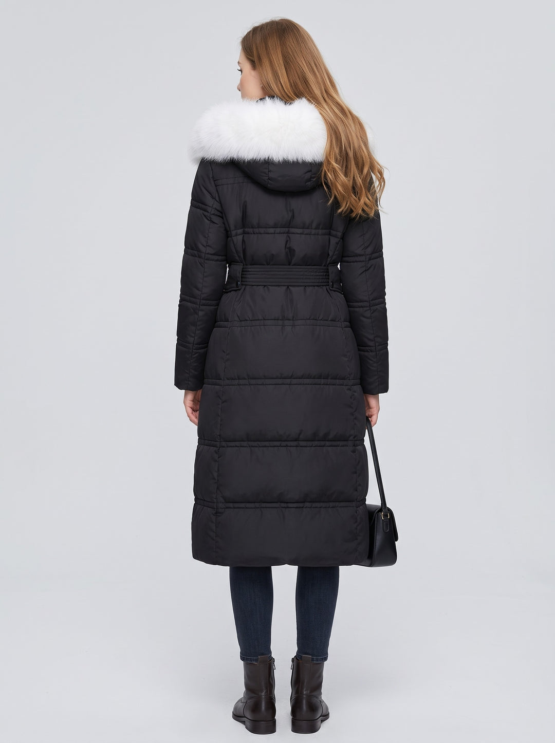 Women's Long Belted Parka with Faux Fur Hood in black with white fur