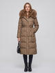 Women's Long Belted Parka with Faux Fur Hood in brown